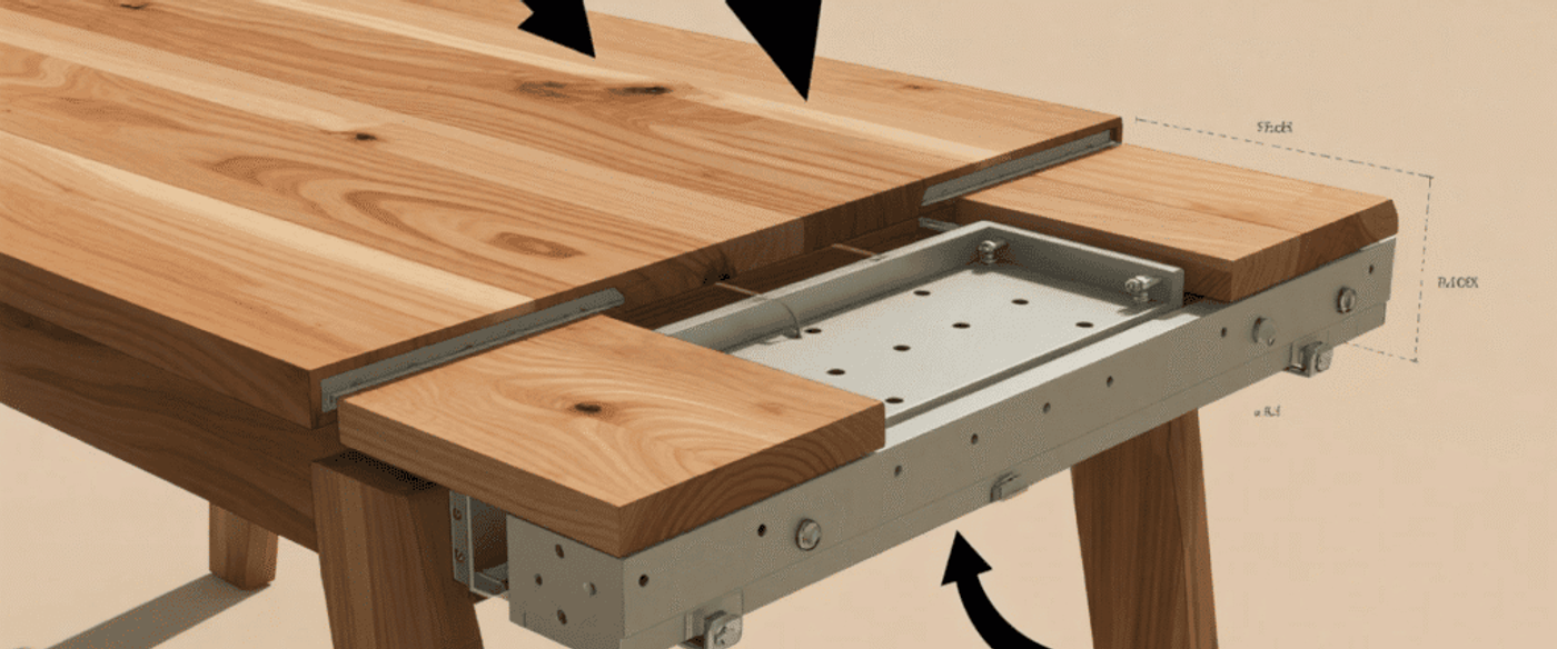 Wood tabletop extension slide mechanism with metal drawer slides and removable leaf, showing hardware and wooden grain detail.