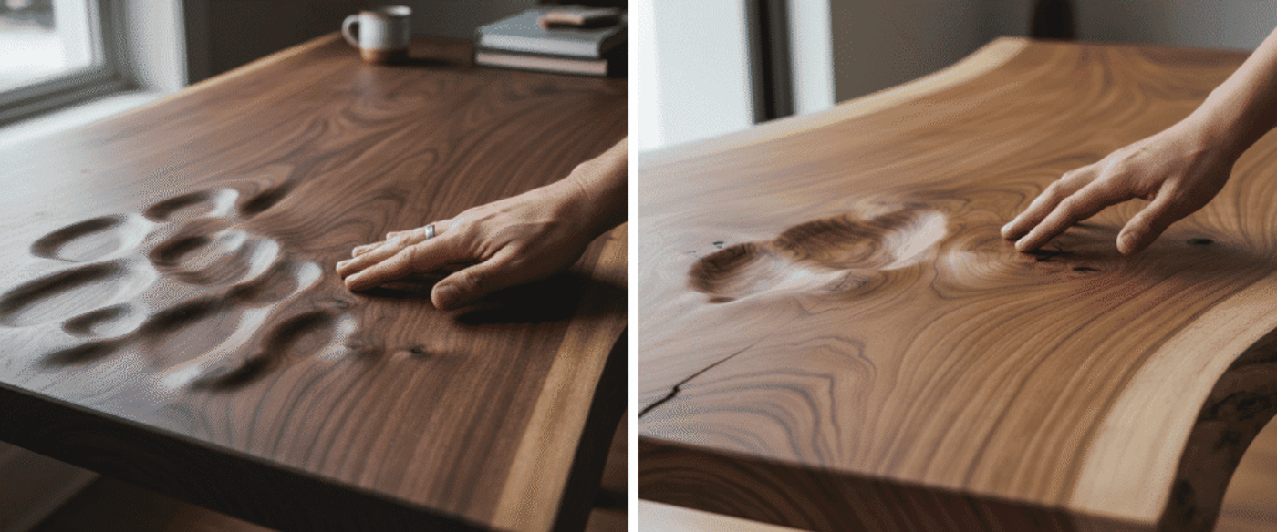 Hand touching smooth carved walnut tabletop with organic indentations, coffee mug and books blurred in background.