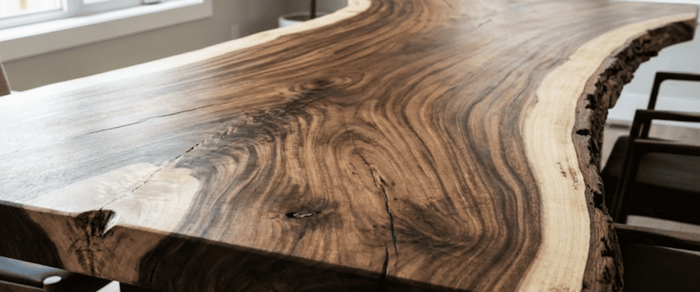 Live-edge walnut dining table with rich wood grain, natural bark edge, and smooth polished surface in a bright modern dining room