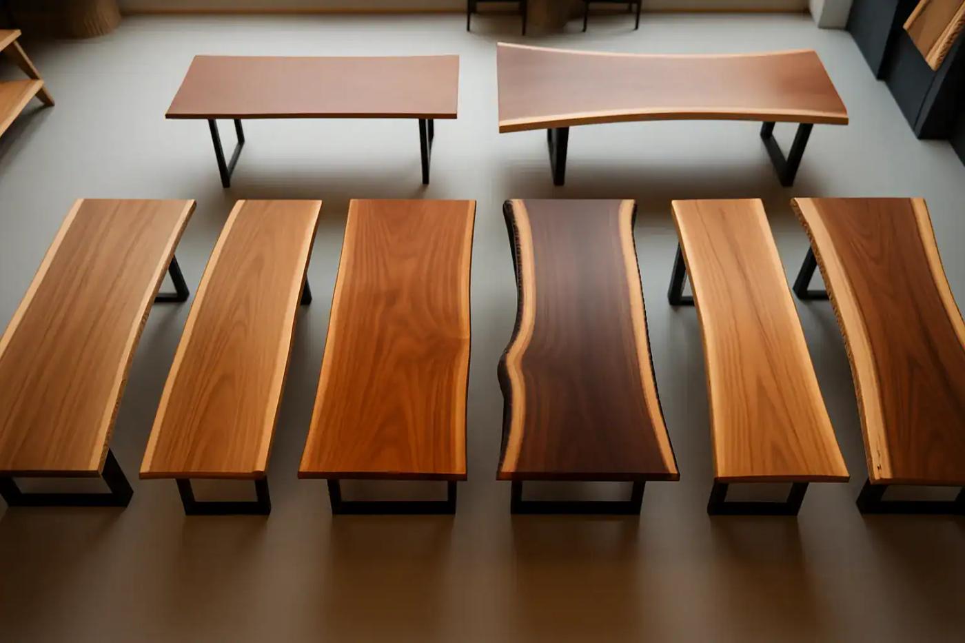 Various wooden tables and benches with live edges and metal legs, displayed indoors.