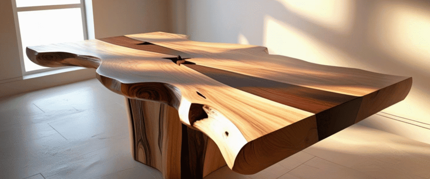 LT Text: Natural wood slab table with live edge design, showcasing rich grain patterns and smooth finish, illuminated by soft natural light in a minimalist room.