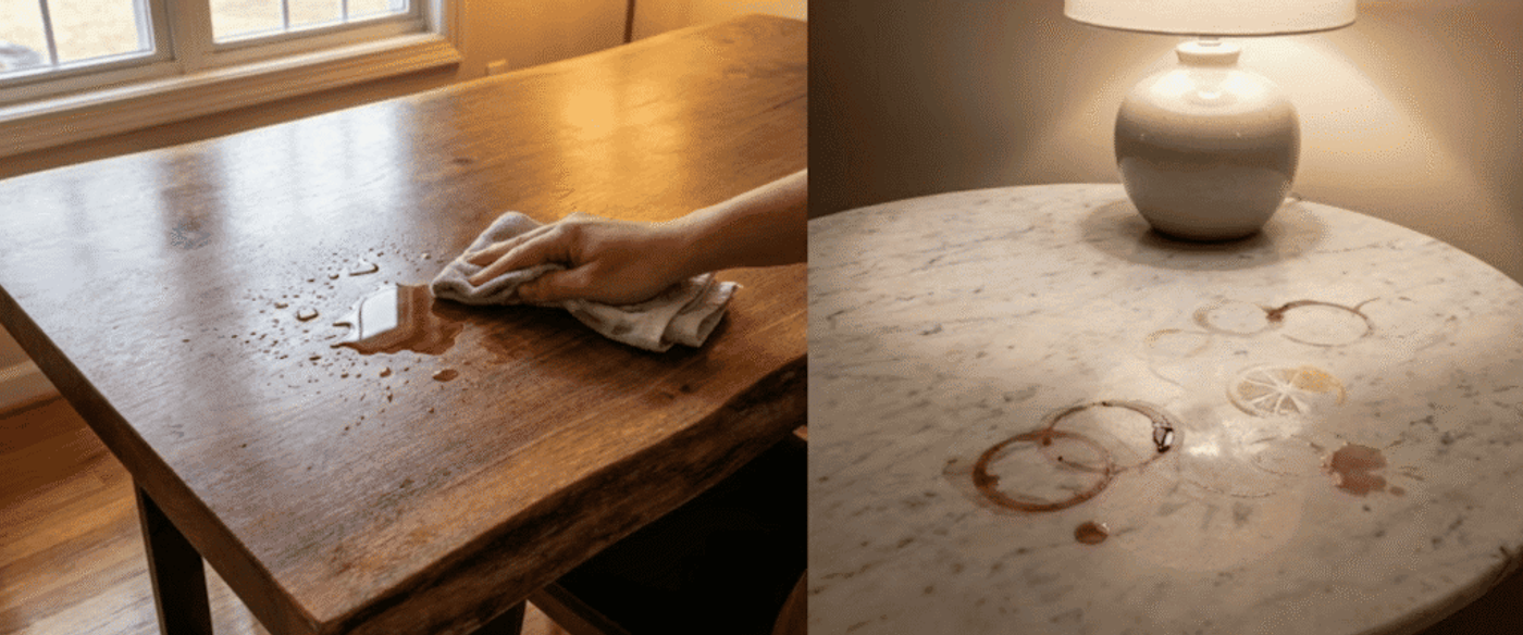 hand wiping spilled red drink from wooden table near window; Right: marble side table with lipstick and drink rings and lemon slice under lamp
