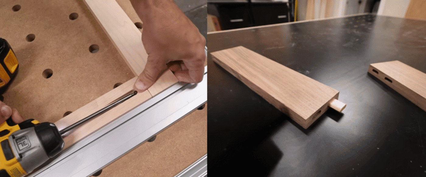 Left: Using a drill to create a pocket hole in wood for joinery. Right: Two wooden pieces joined with a hidden pocket hole screw and a dowel for added strength.