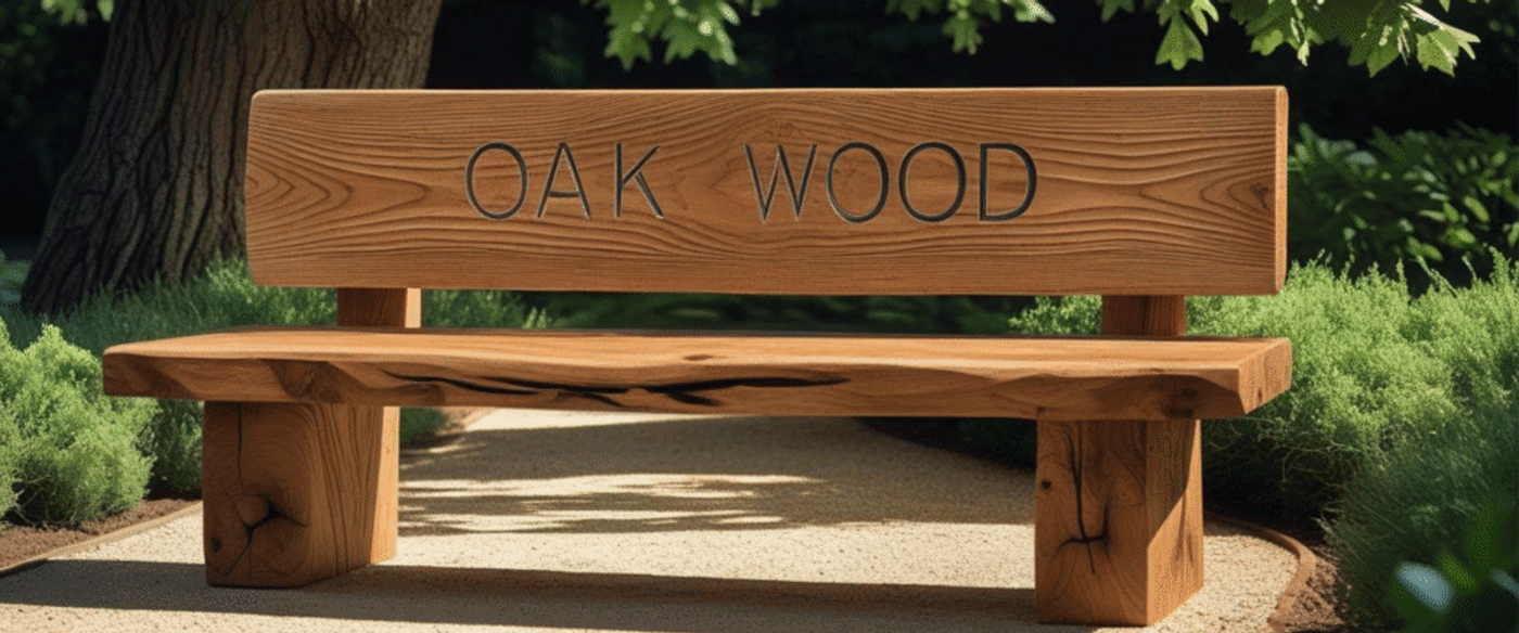Wooden bench made from oak wood with "OAK WOOD" engraved on the backrest, placed outdoors on a paved path surrounded by greenery.