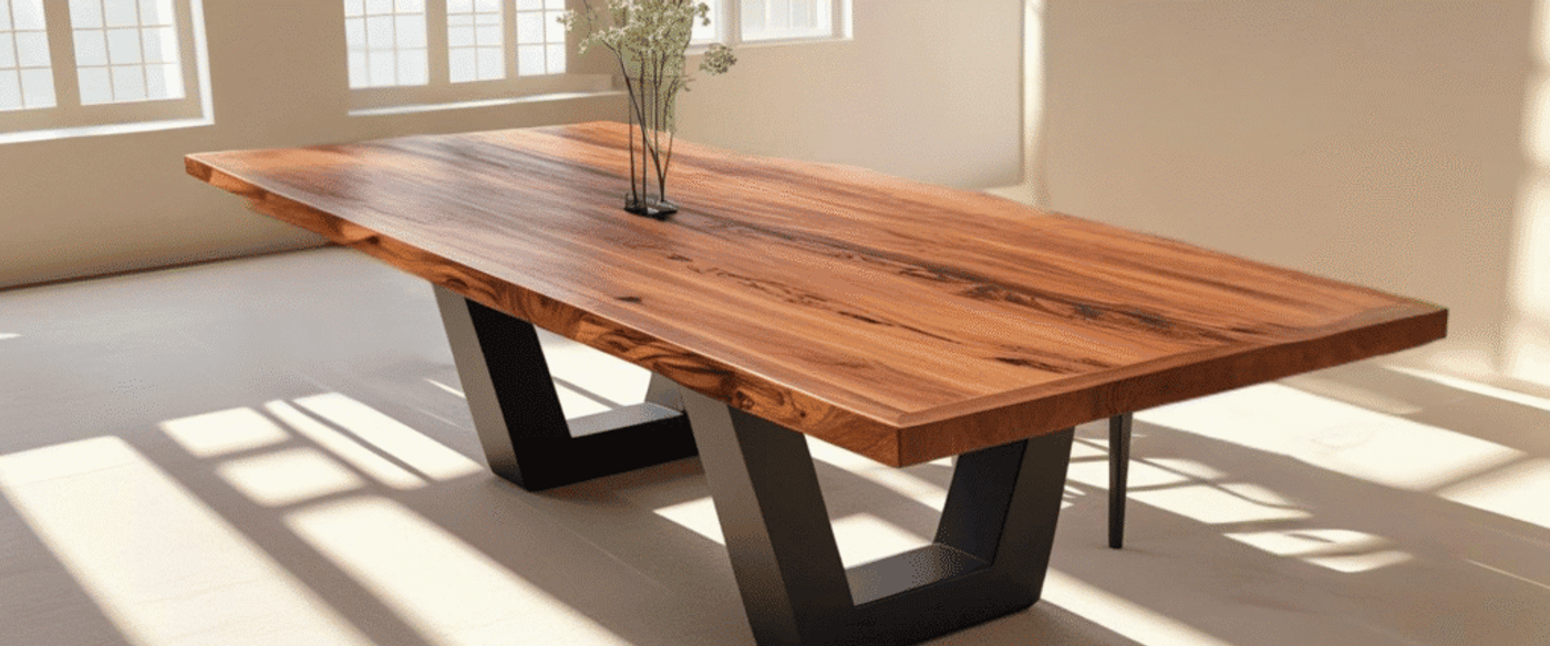 Modern wooden dining table with thick natural grain top and sturdy black metal legs in sunlit room.
