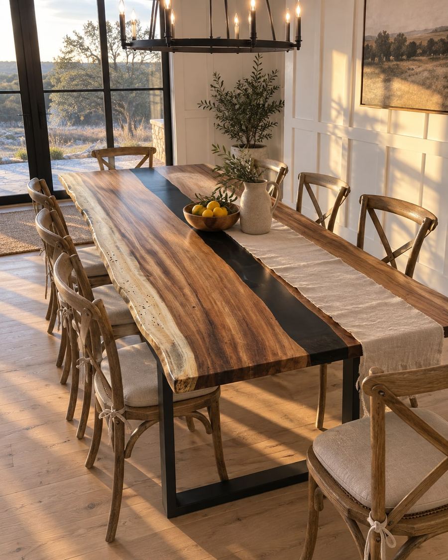 Rendering of the Claudia Octavia slab as a dining table with Traditional Legs in a modern farmhouse home