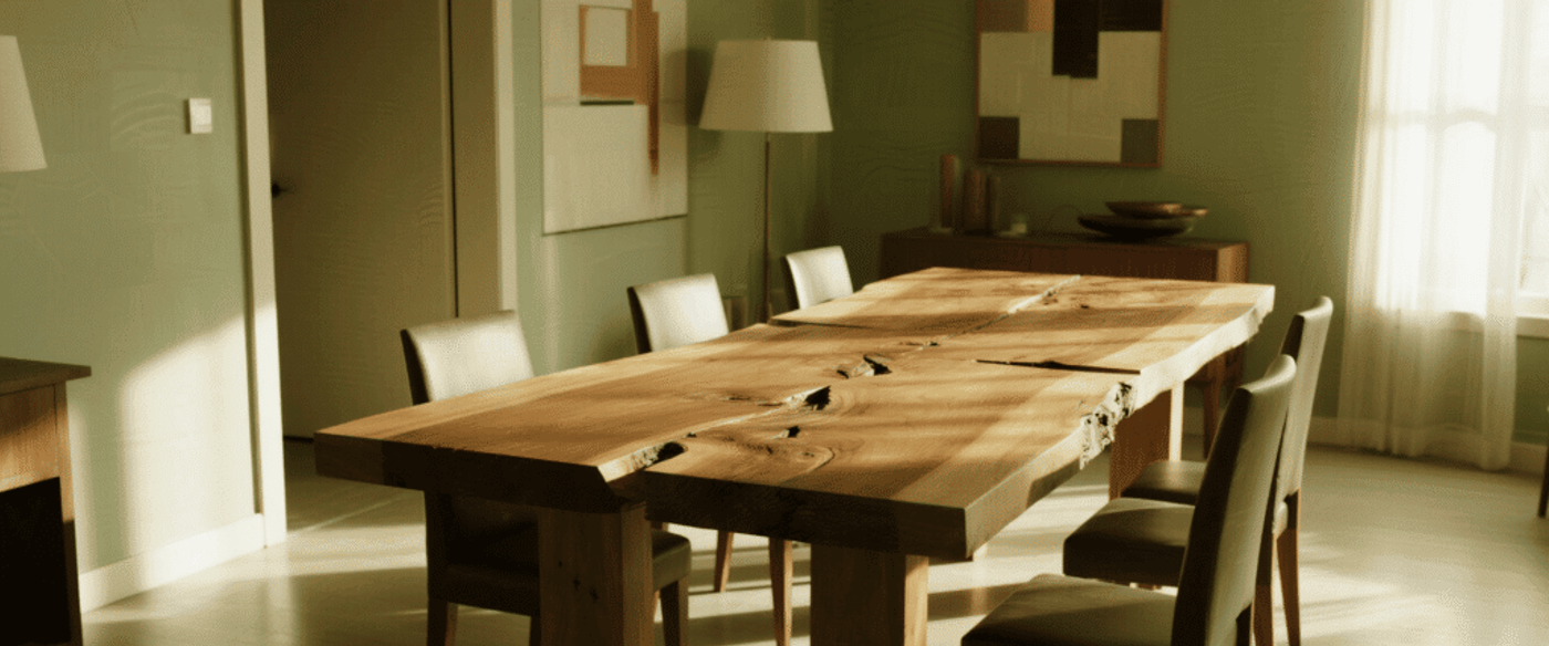 live-edge dining table with multiple boards, visible misalignment, large gaps between boards, and slight