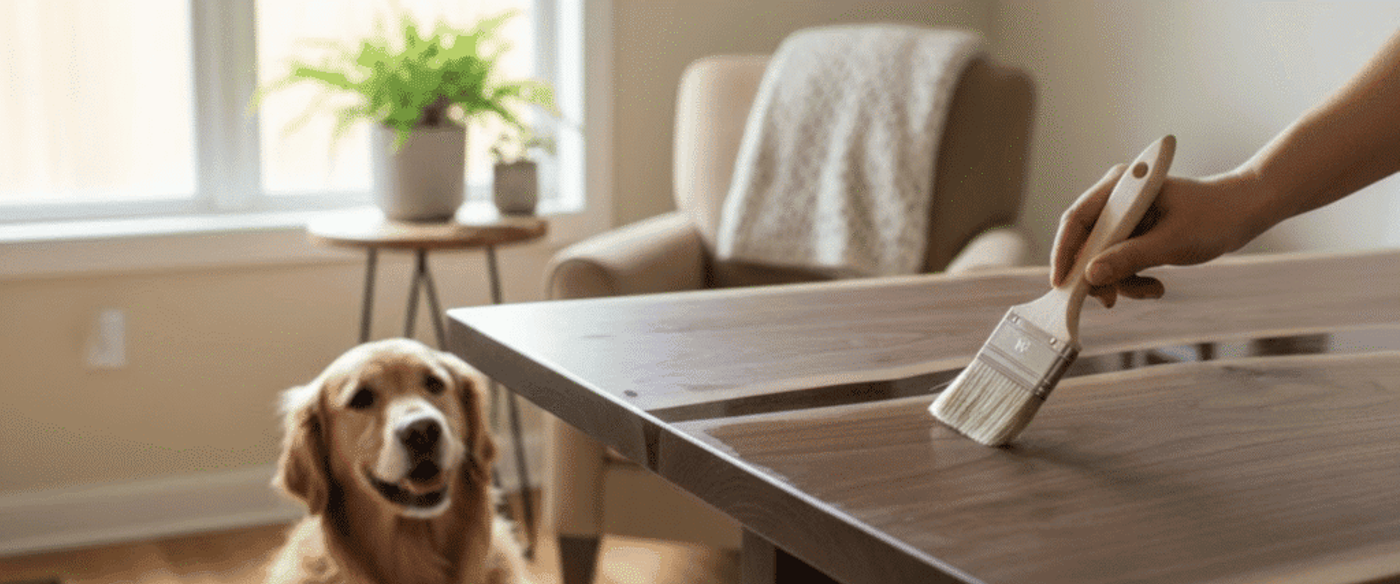 Golden retriever sitting on living room rug while a hand applies wood finish to a walnut table near armchair and window, bright daylight