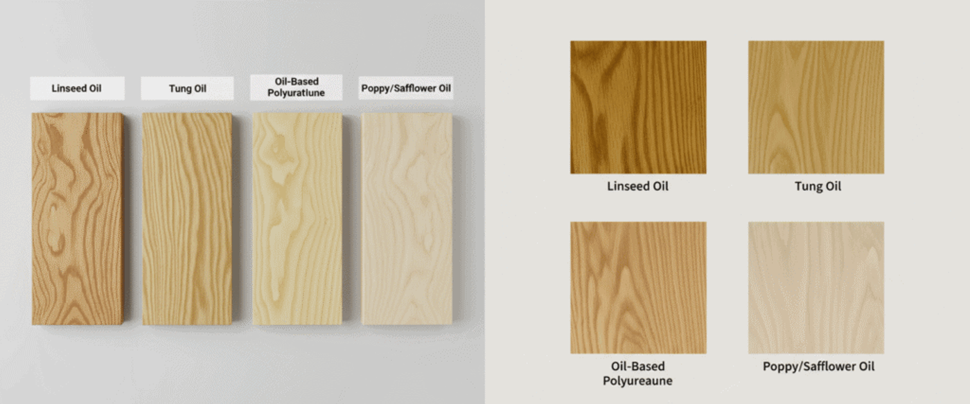 Four wood samples labeled Linseed Oil, Tung Oil, Oil-Based Polyurethane, and Poppy/Safflower Oil showing varying grain and finish tones.
