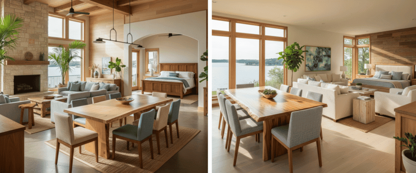 Lake Travis vacation home interior featuring a live edge teak or white oak dining table, performance-fabric sofas and chairs