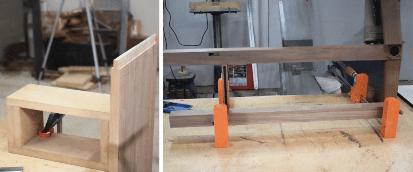 Left: Wooden box frame clamped for gluing. Right: Wood pieces clamped together, securing joints during assembly