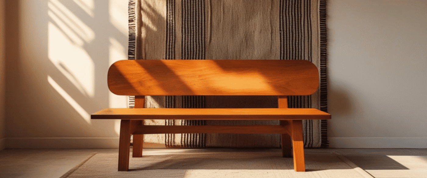 A wooden bench with a curved backrest, placed indoors on a carpet, illuminated by warm sunlight casting shadows on the wall.
