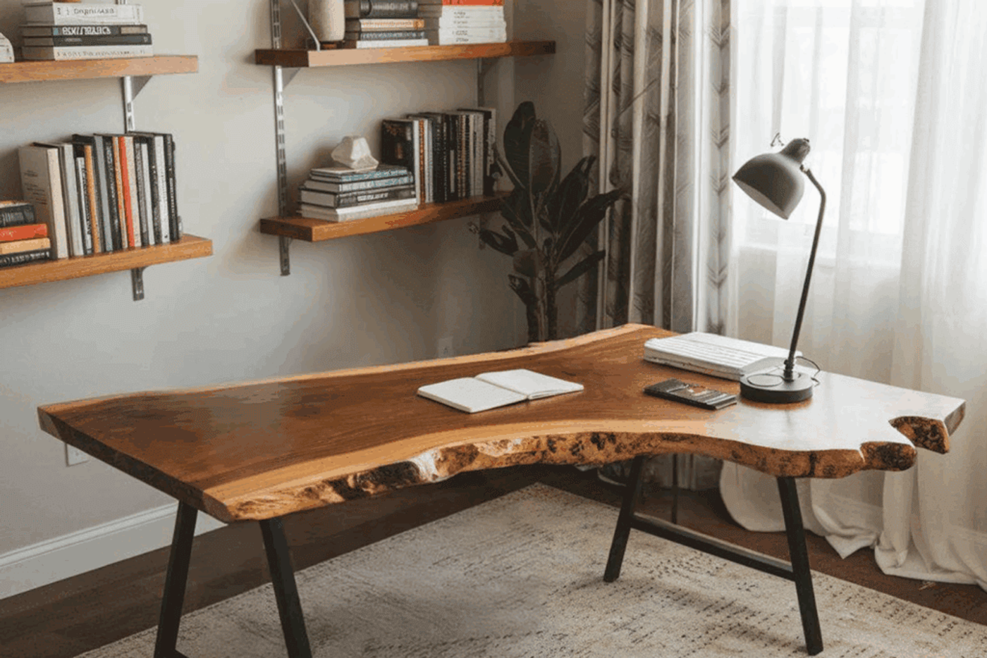 Natural wood desk with rough edges, black legs, lamp, and books in a cozy room.