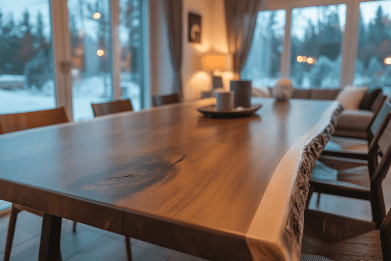 Wooden dining table with natural live edge, set in cozy room with large windows and soft lighting.