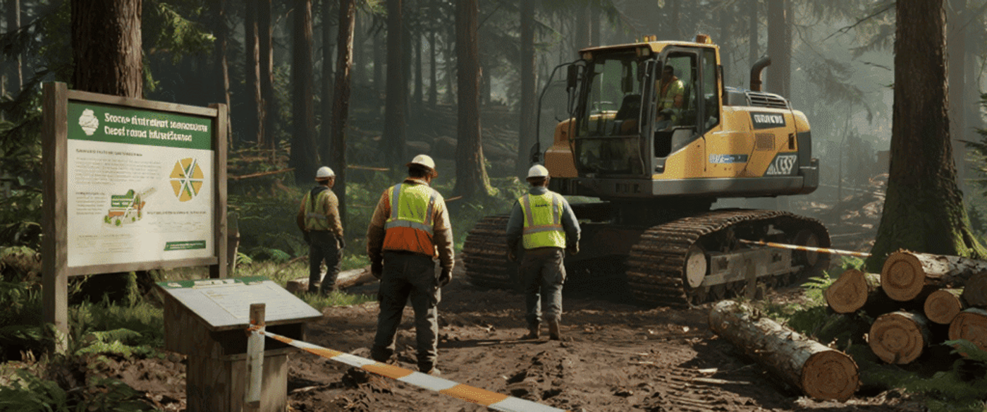 Construction workers in safety gear manage forest site with excavator, logs, and caution tape in a woodland setting