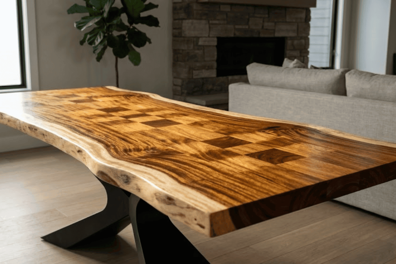 Live-edge wooden dining table with rich grain and inlaid squares, set in a modern living room with sofa and fireplace