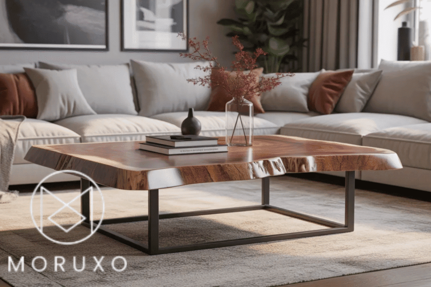Modern living room with a large beige sectional sofa, a wooden coffee table with natural edges on a metal frame, decorated with books and a vase with dried flowers.