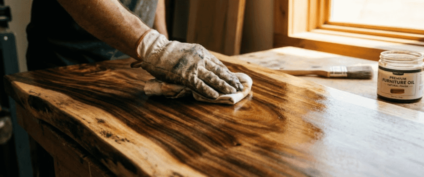 Hands wearing a glove rubbing oil into a polished live-edge wooden table near a window, with brush and oil jar nearby