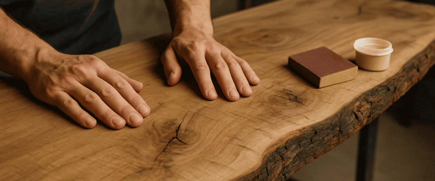 Hands smoothing a live-edge wooden tabletop with sanding block and finish cup nearby, showcasing natural grain and cracks.