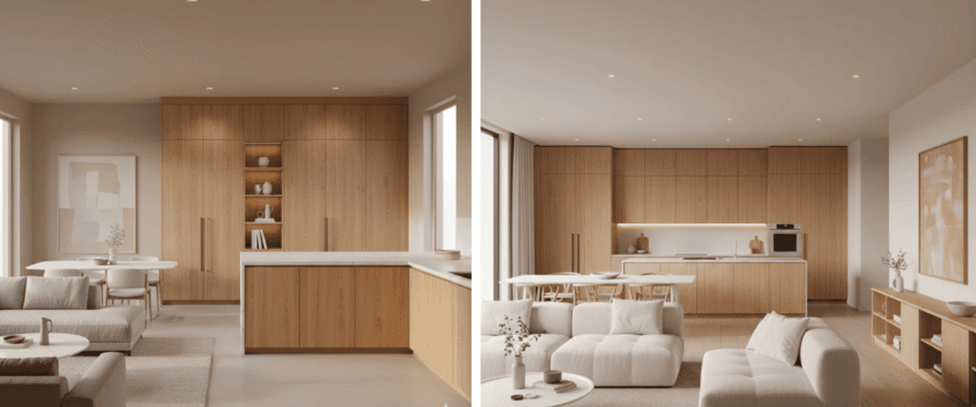 Bright, airy open-plan living room and kitchen with neutral tones, wooden cabinets, plush white sofas, dining table, and minimal decor