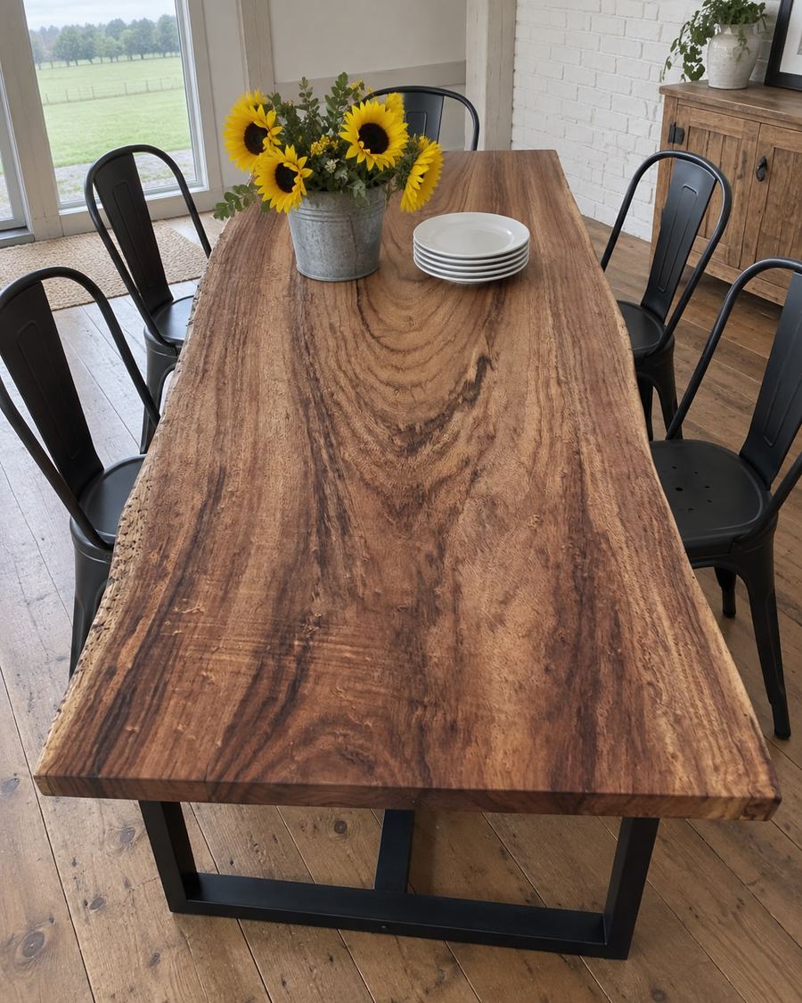 Rendering of the Clara Sexta slab as a dining table with Tripod Legs in a modern farmhouse home