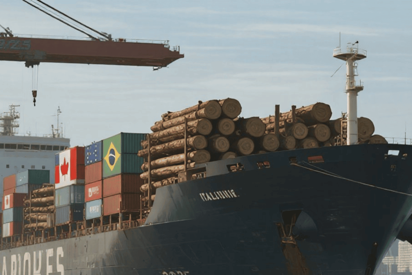 Port authority officers inspect a large cargo ship loaded with containers and logs docking at an industrial port, city skyline beyond.