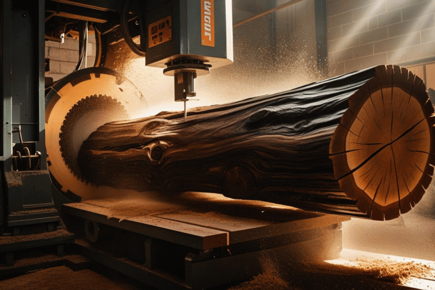 Industrial saw cutting a large log inside a workshop, wood chips flying.