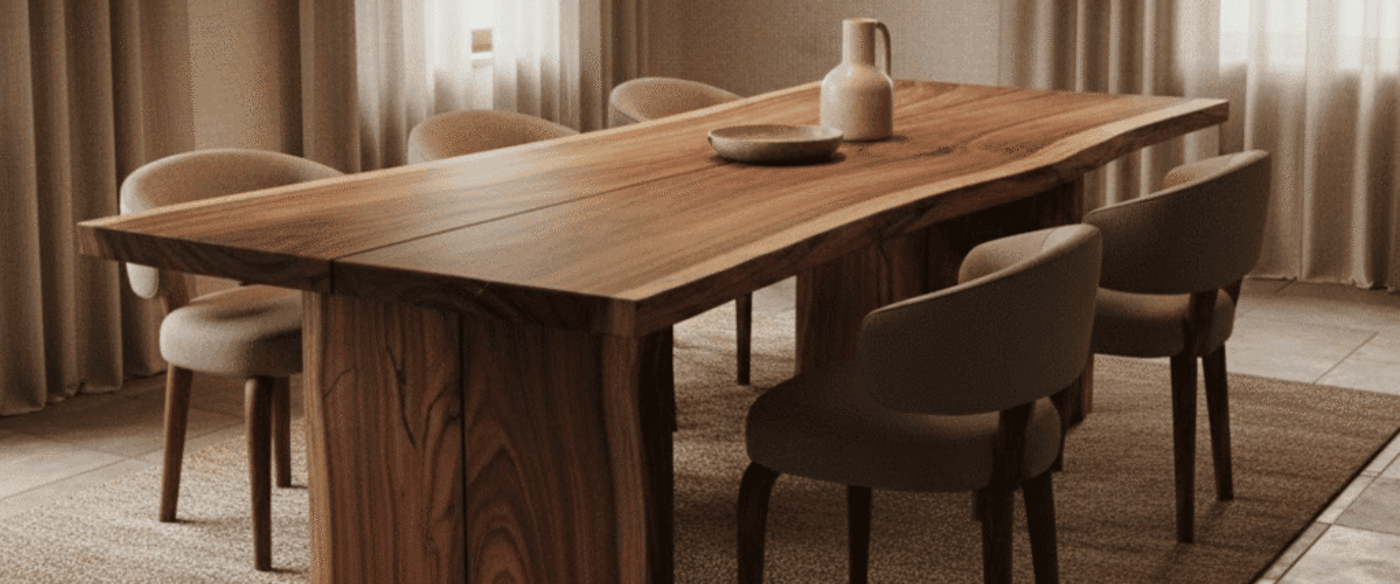 Large wooden dining table with curved beige chairs, woven pendant lights, neutral curtains and simple ceramic centerpiece in a warm, minimalist room