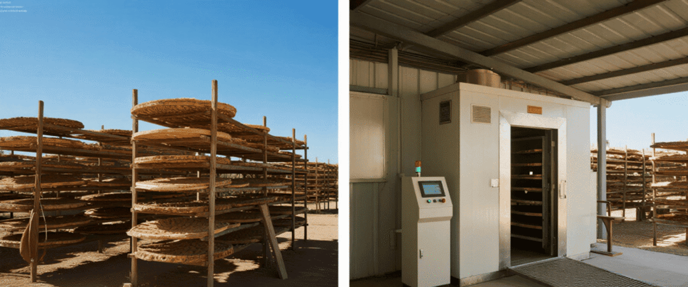 ide-by-side image: one half showing air drying stacks outdoors under shade, the other half showing kiln drying chamber with digital controls