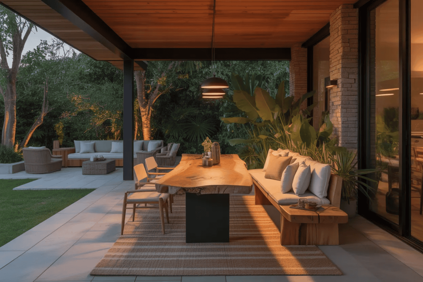 Outdoor patio with a natural wood dining table, cushioned bench, chairs, soft lighting, and lush greenery for cozy gatherings.