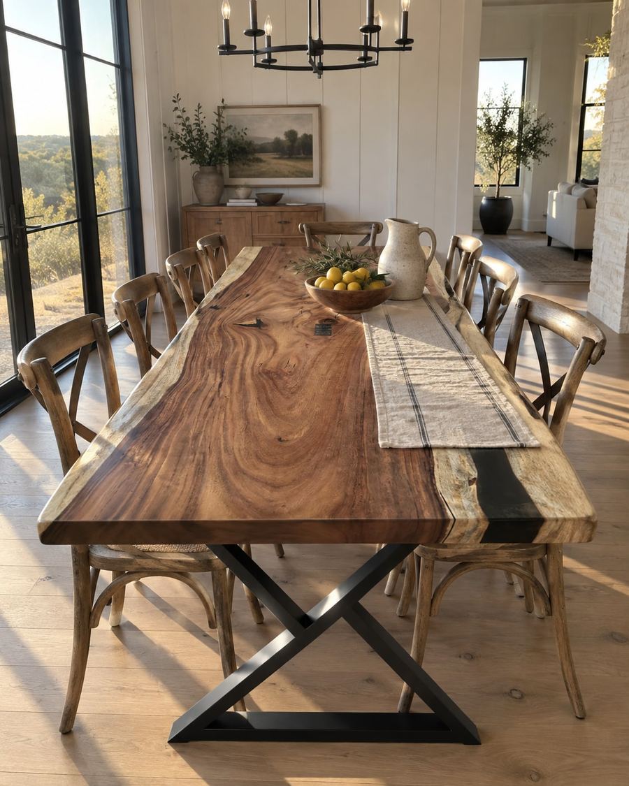 Rendering of the Regina Octavia slab as a dining table with Modern X Legs in a modern farmhouse home