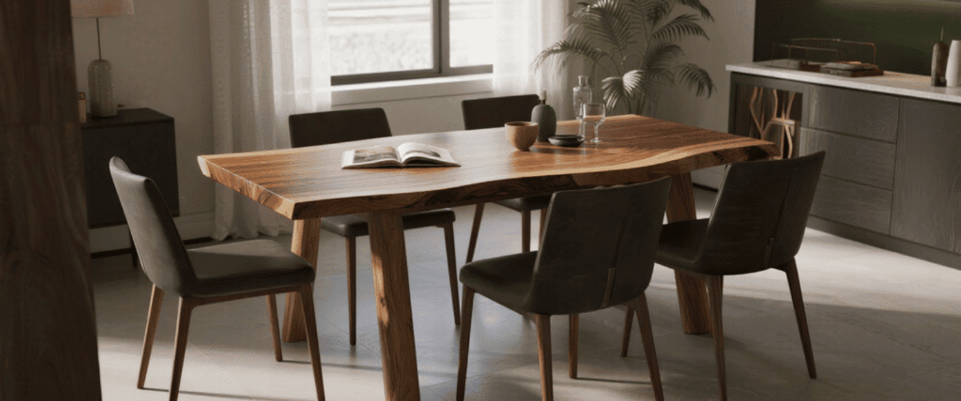 Dining room with a live-edge wooden table and six dark upholstered chairs, a book and tableware under soft daylight.