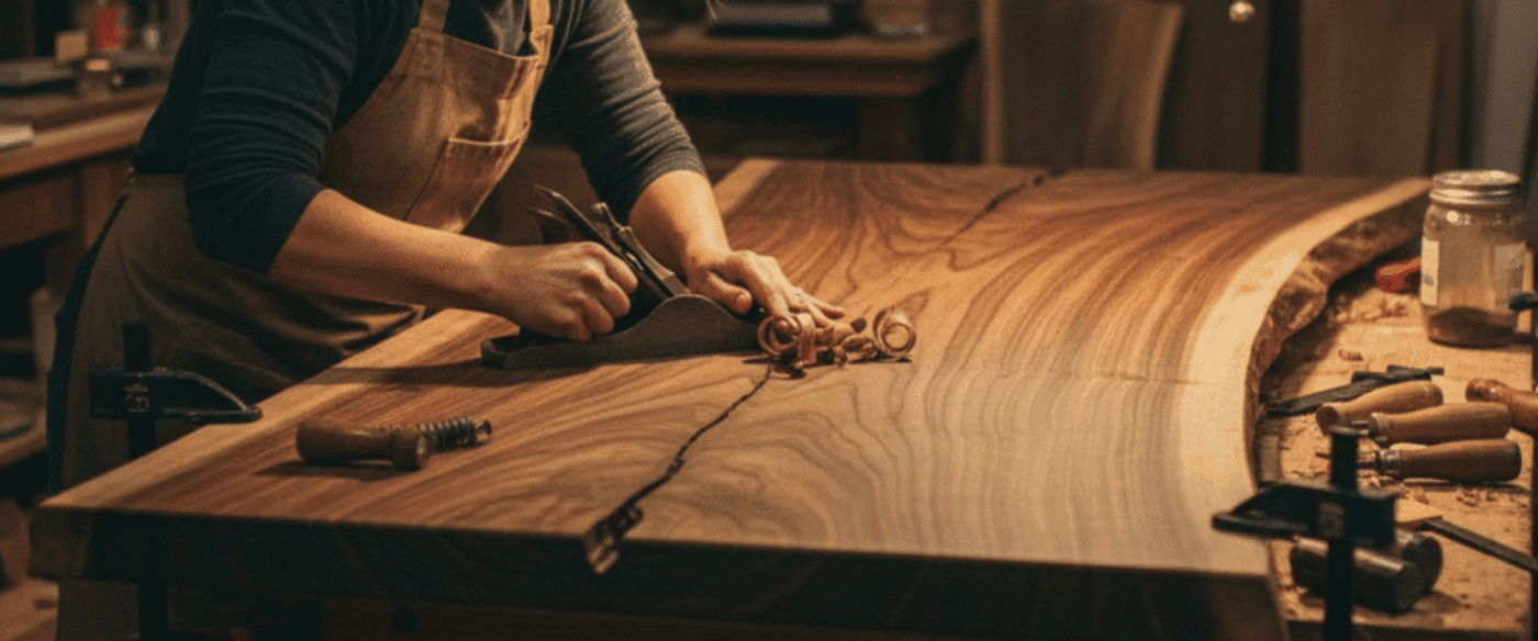 Person planing and smoothing a large live-edge wooden slab on a workbench in a warm, tool-filled woodworking shop