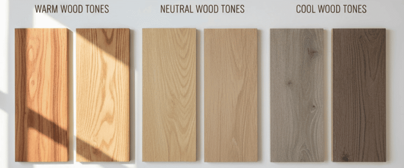 Warm, neutral, and cool wood tone sample panels (six vertical planks) labeled and displayed on a white wall with sunlight and shadows