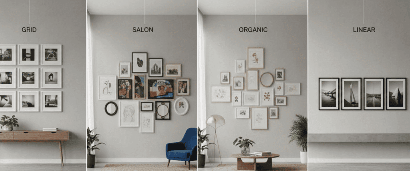 Grid of nine black-and-white photos above console table; eclectic salon gallery around blue chair; organic botanical cluster over coffee table