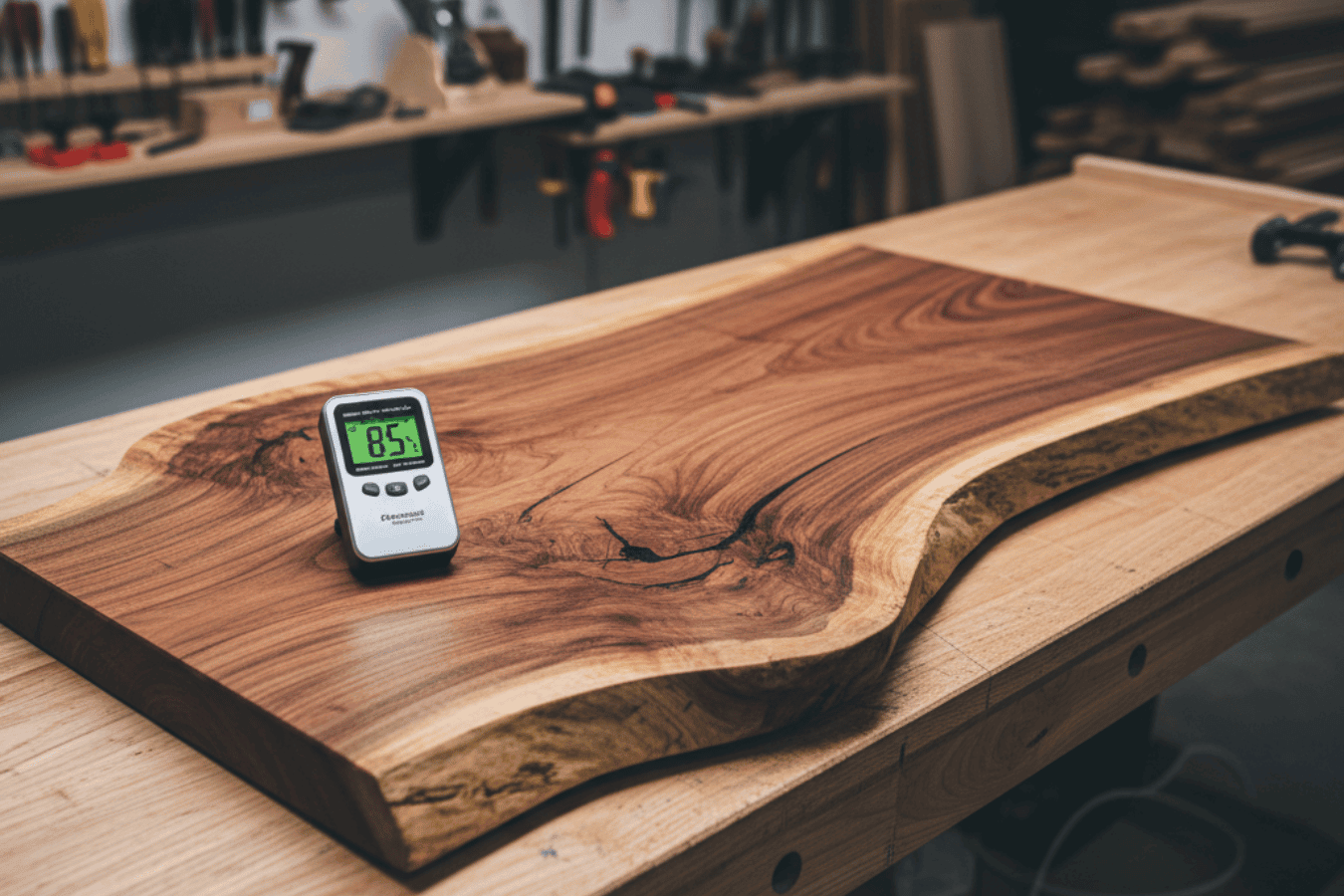 large Guanacaste wood slab with rich grain patterns, placed on a woodworking bench