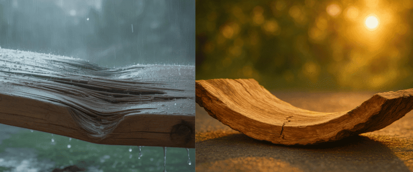 Live edge slab cracked in sunlight and a rain-soaked wooden board warping with visible shrinkage lines and water runoff