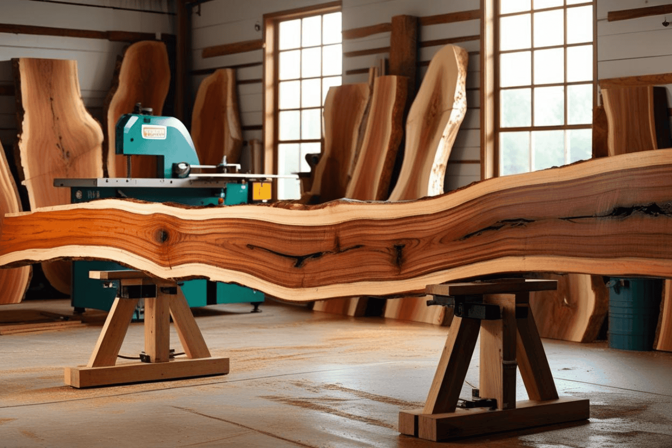 Large live edge wood slab supported on stands inside a woodworking shop with other slabs and machinery.