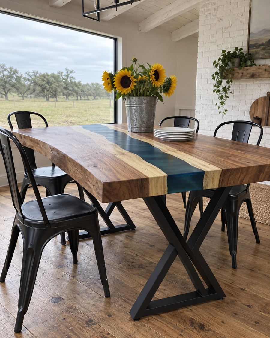 Rendering of the Alexa Quinta slab as a dining table with Double Y Legs in a modern farmhouse home