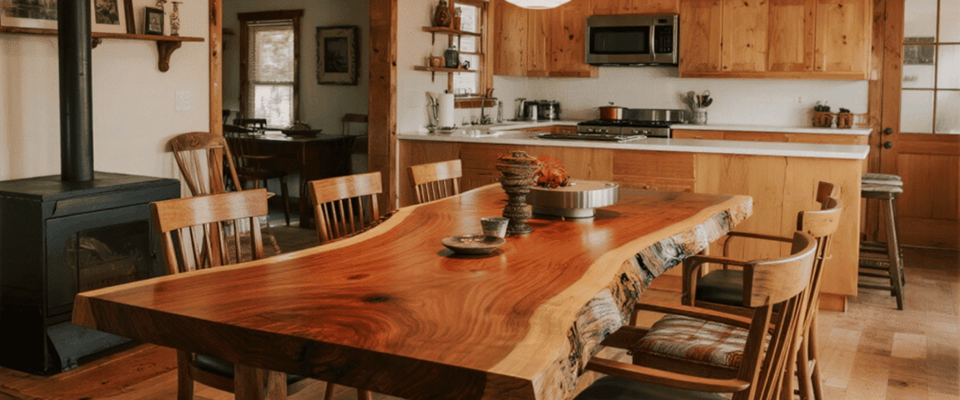 Rustic kitchen and dining area with a live-edge wooden table, wooden chairs, stove, and warm natural wood cabinetry.
