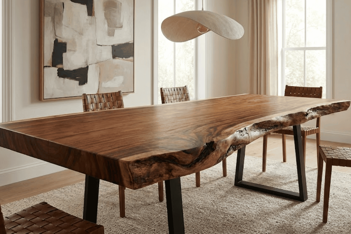 Live-edge walnut dining table with black metal legs in a sunlit dining room, surrounded by woven leather chairs and neutral artwork