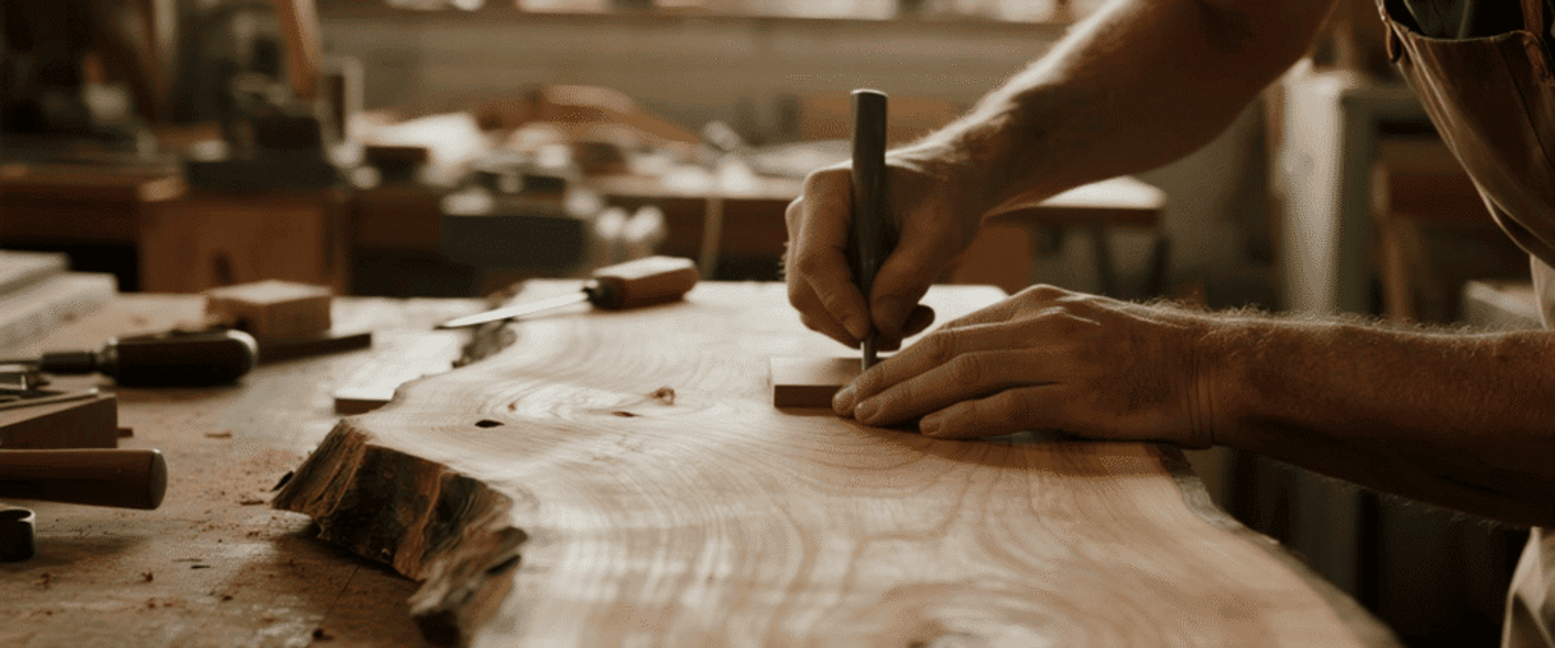 Hands of a woodworker carving a live-edge slab on a cluttered bench, shaping grain and knots by hand in a sunlit workshop.