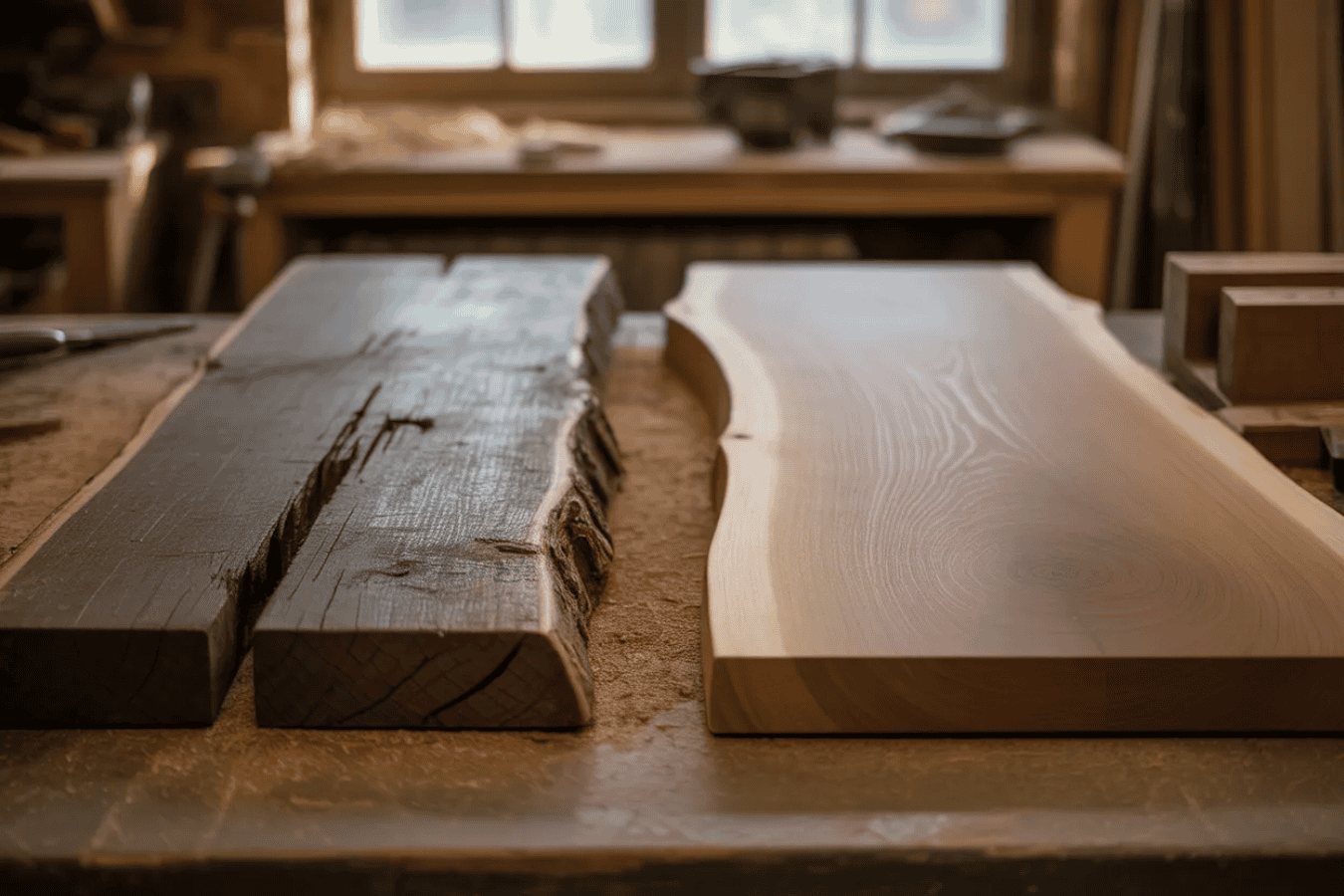 Two wooden boards side by side on a workbench: one rough and weathered, the other smooth and polished, showing before and after woodworking.