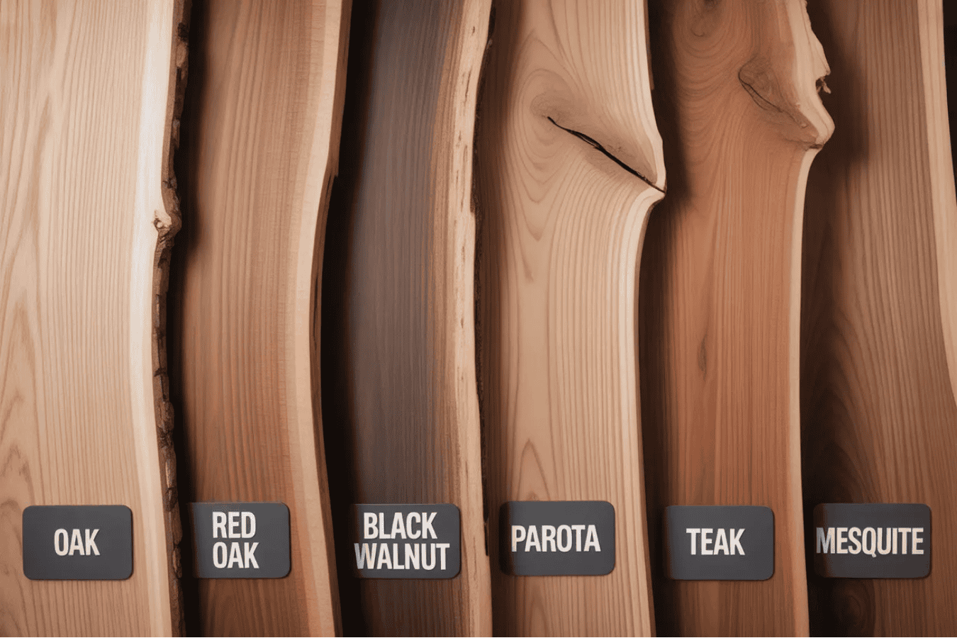 Wood types shown: Oak, Red Oak, Black Walnut, Parota, Teak, Mesquite. Each has unique color and grain patterns.