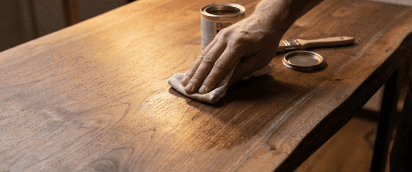 Person applying wood finish to a tabletop, rubbing stain with a cloth beside an open can and brush, warm workshop lighting