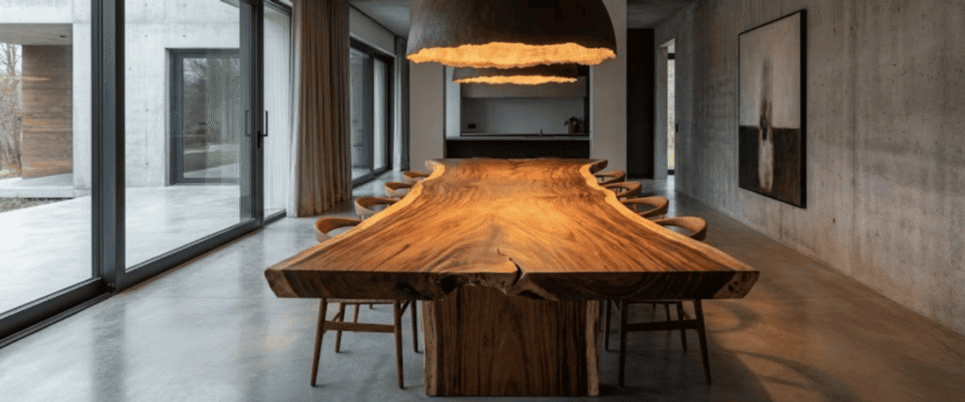 Long live-edge wooden dining table with matching chairs beneath sculpted pendant lights in a minimalist concrete-walled room