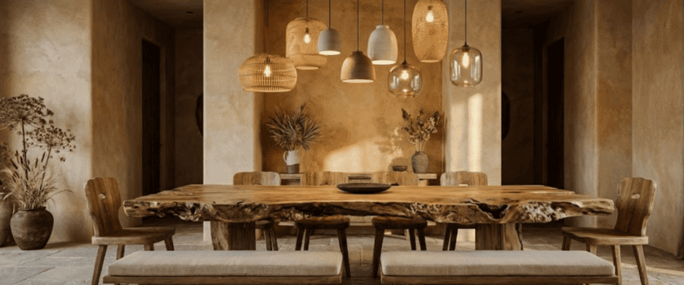 Warm-toned dining room with a live-edge wooden table, mixed pendant lights, benches and chairs, potted dried plants, and textured walls