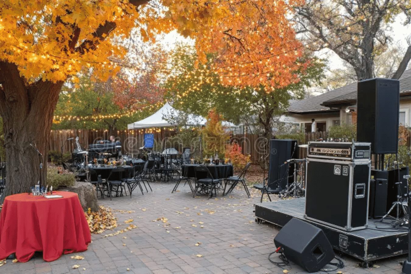 Autumn backyard party setup with tables, string lights, red-covered table, stage speakers and colorful fall foliage