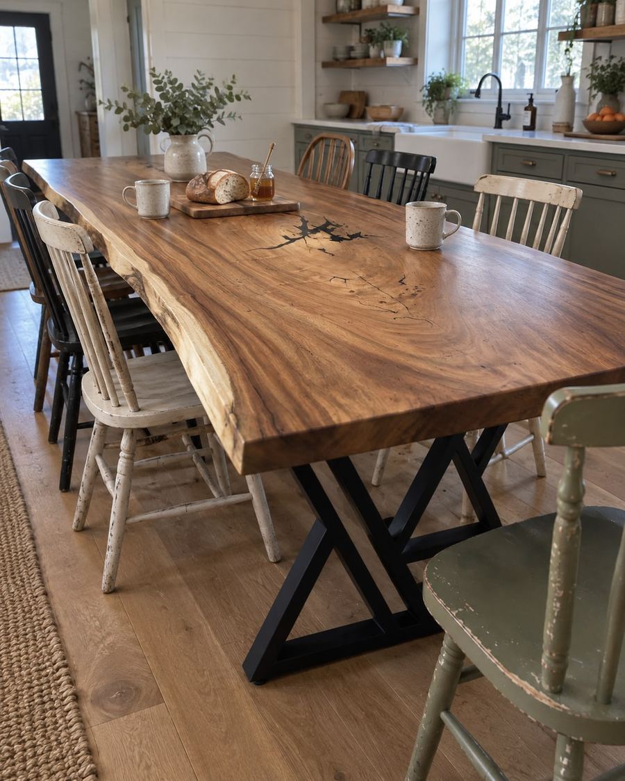 Rendering of the Flora Septima slab as a dining table with Double Y Legs in a modern farmhouse home