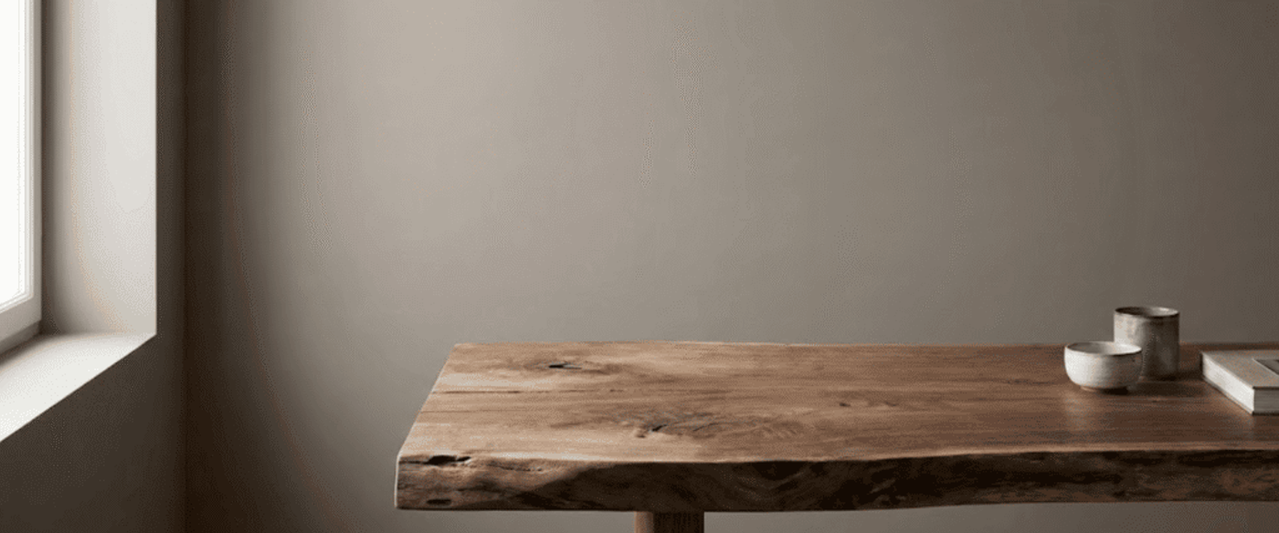 A minimalist wooden table by a window with ceramic cups and a book on a neutral-toned wall background, soft natural light